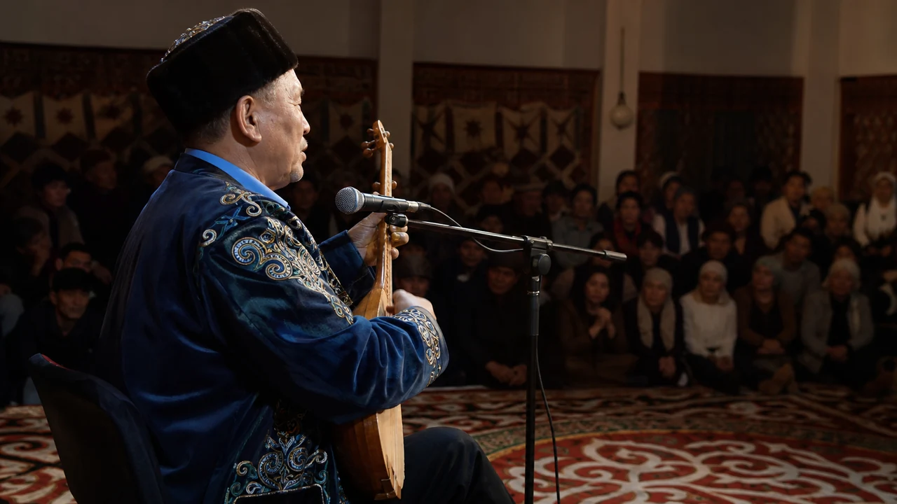 Казахский жырау исполняет эпическое произведение перед аудиторией