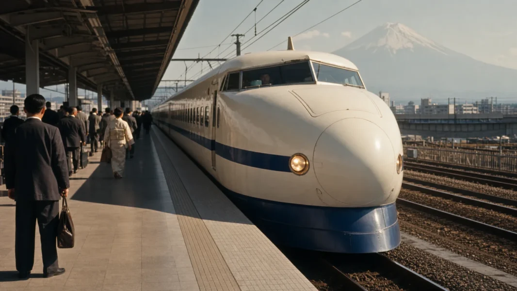 Первый высокоскоростной поезд Токайдо-синкансэн на станции в Японии