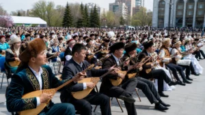 Массовое выступление домбристов на городской площади в Казахстане
