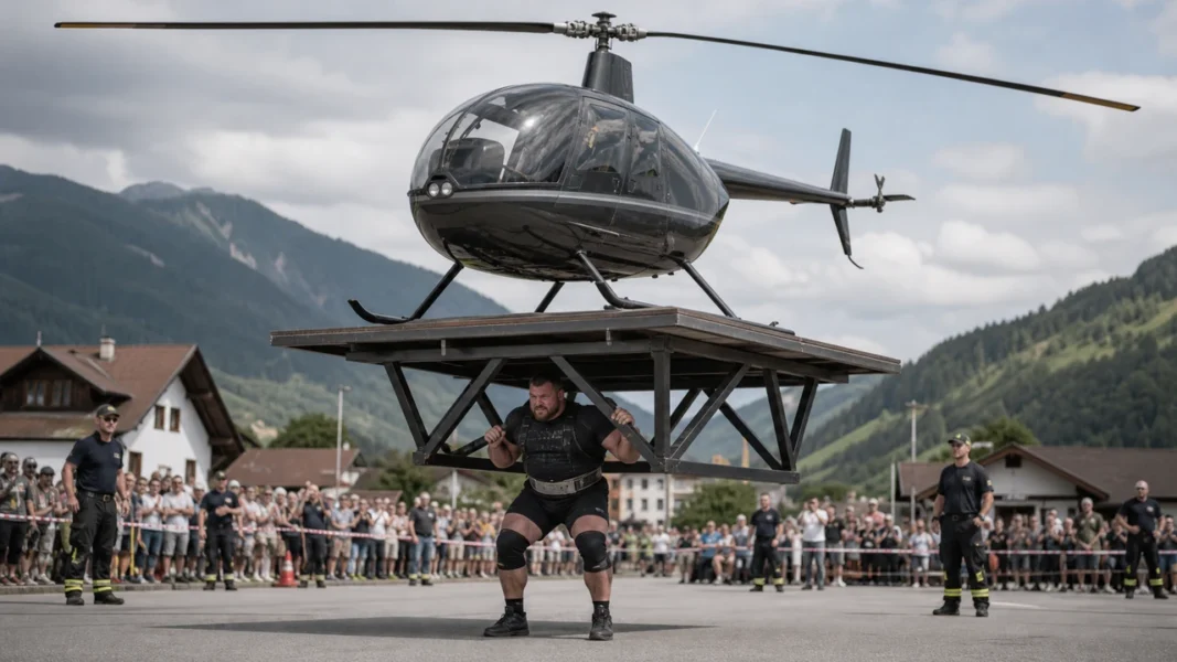 Силовой атлет удерживает посадочную платформу под вертолётом