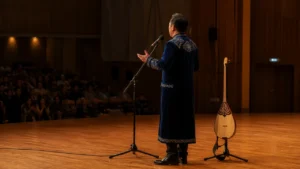 Казахский певец выступает на сцене с микрофоном и домброй рядом